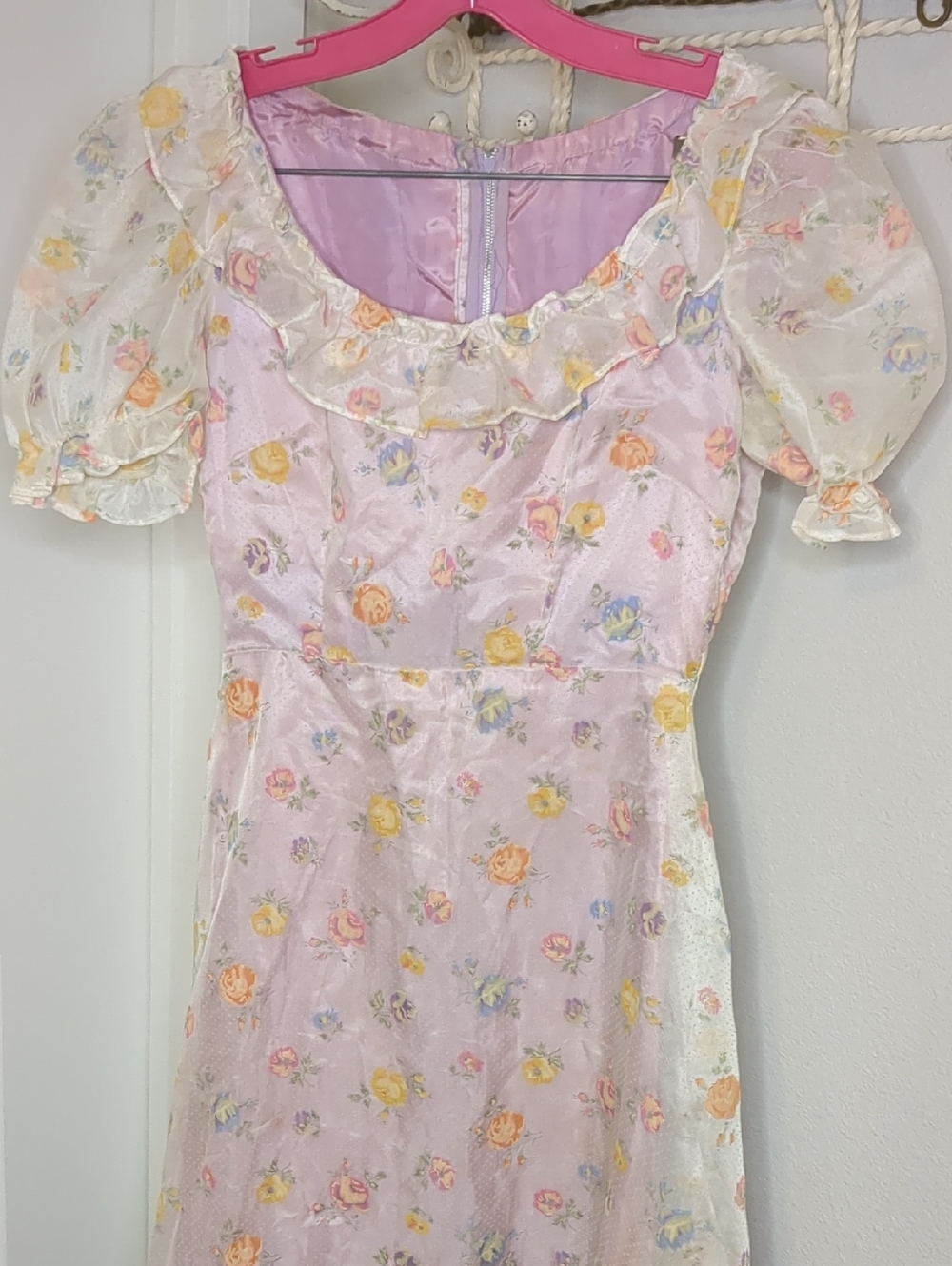 Vintag 70s Maxi Dress Prairie Gunne Style Floral Swiss Dot Pink Purple Sz Small - Picture 3 of 15